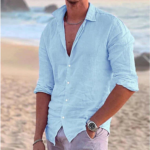 Men's Linen Button Down Shirt Long Sleeve Summer Beach
