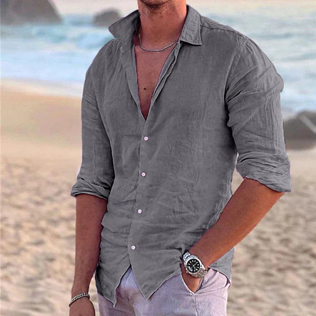 Men's Linen Button Down Shirt Long Sleeve Summer Beach