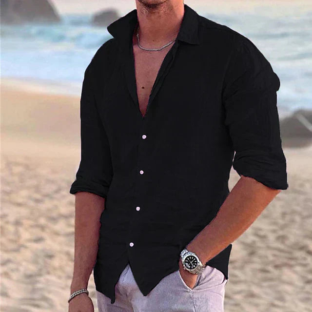 Men's Linen Button Down Shirt Long Sleeve Summer Beach