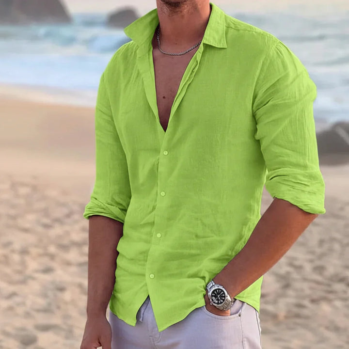 Men's Linen Button Down Shirt Long Sleeve Summer Beach