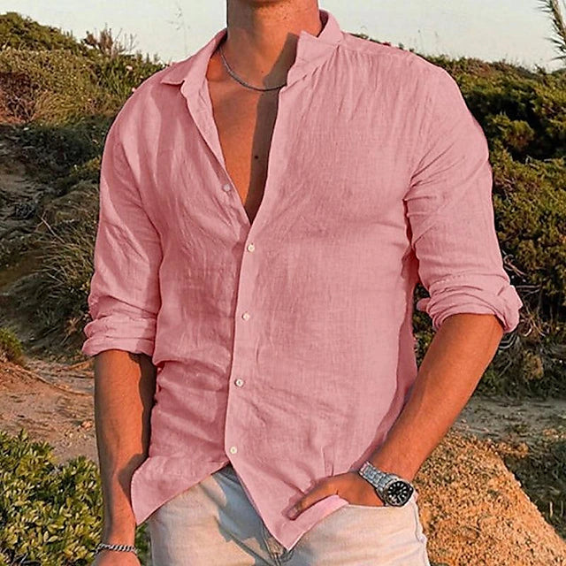 Men's Linen Button Down Shirt Long Sleeve Summer Beach