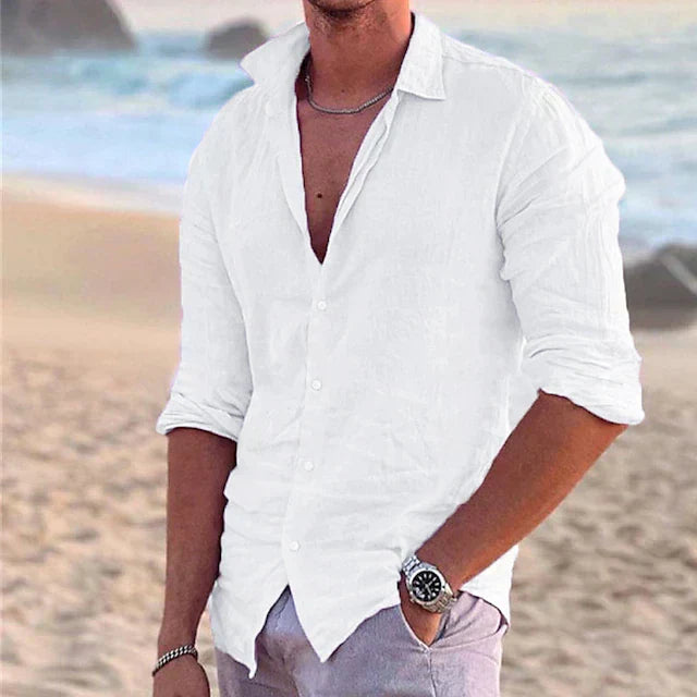 Men's Linen Button Down Shirt Long Sleeve Summer Beach
