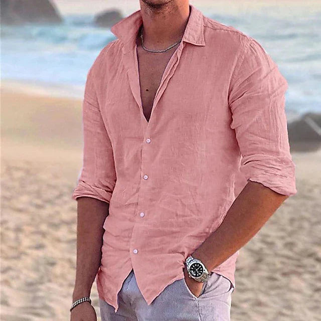 Men's Linen Button Down Shirt Long Sleeve Summer Beach