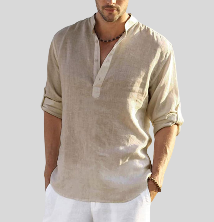 Men's Linen Henley Long Sleeve Button Placket Summer Shirt