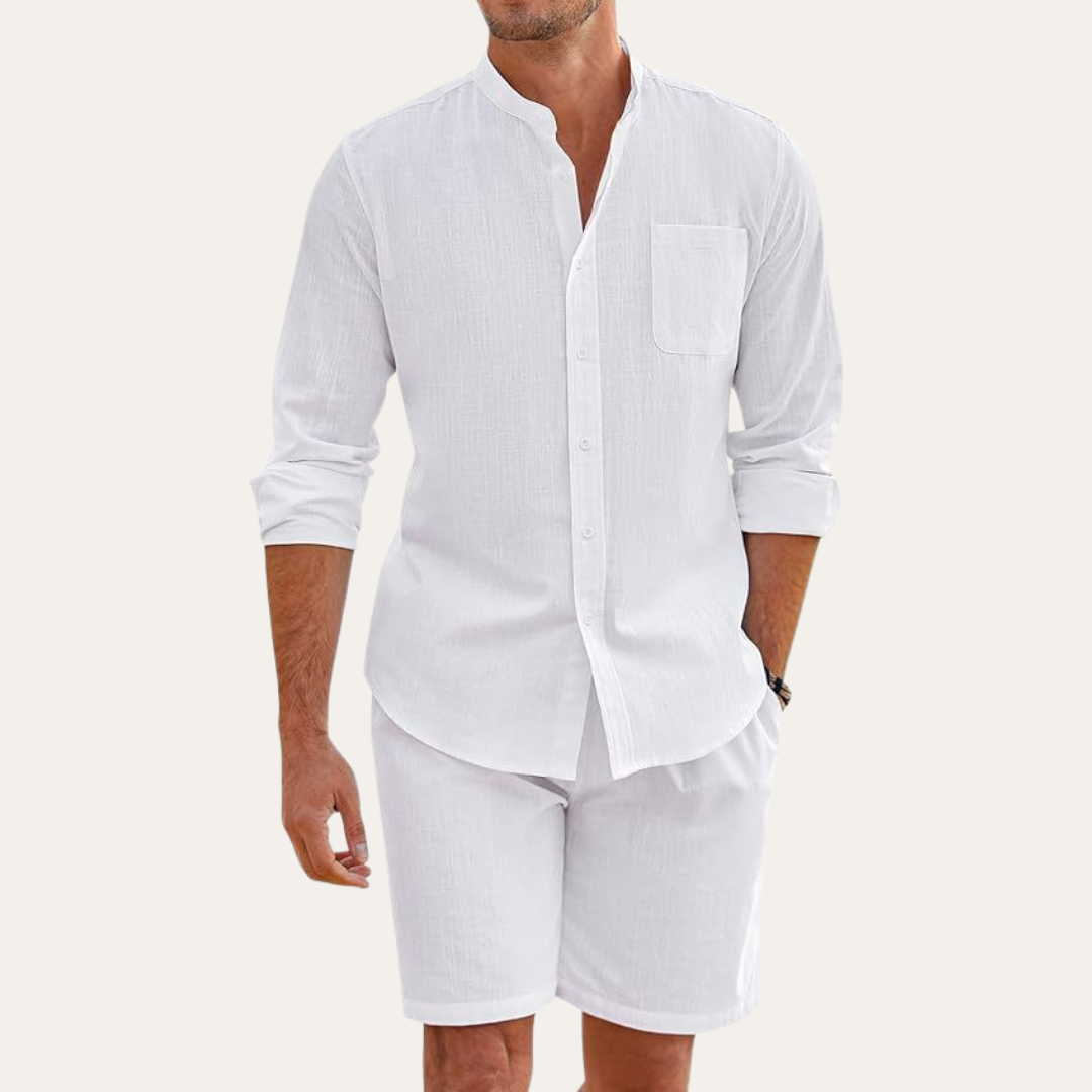 Men's Linen Long Sleeve Shirt and Shorts Beach Set, Summer