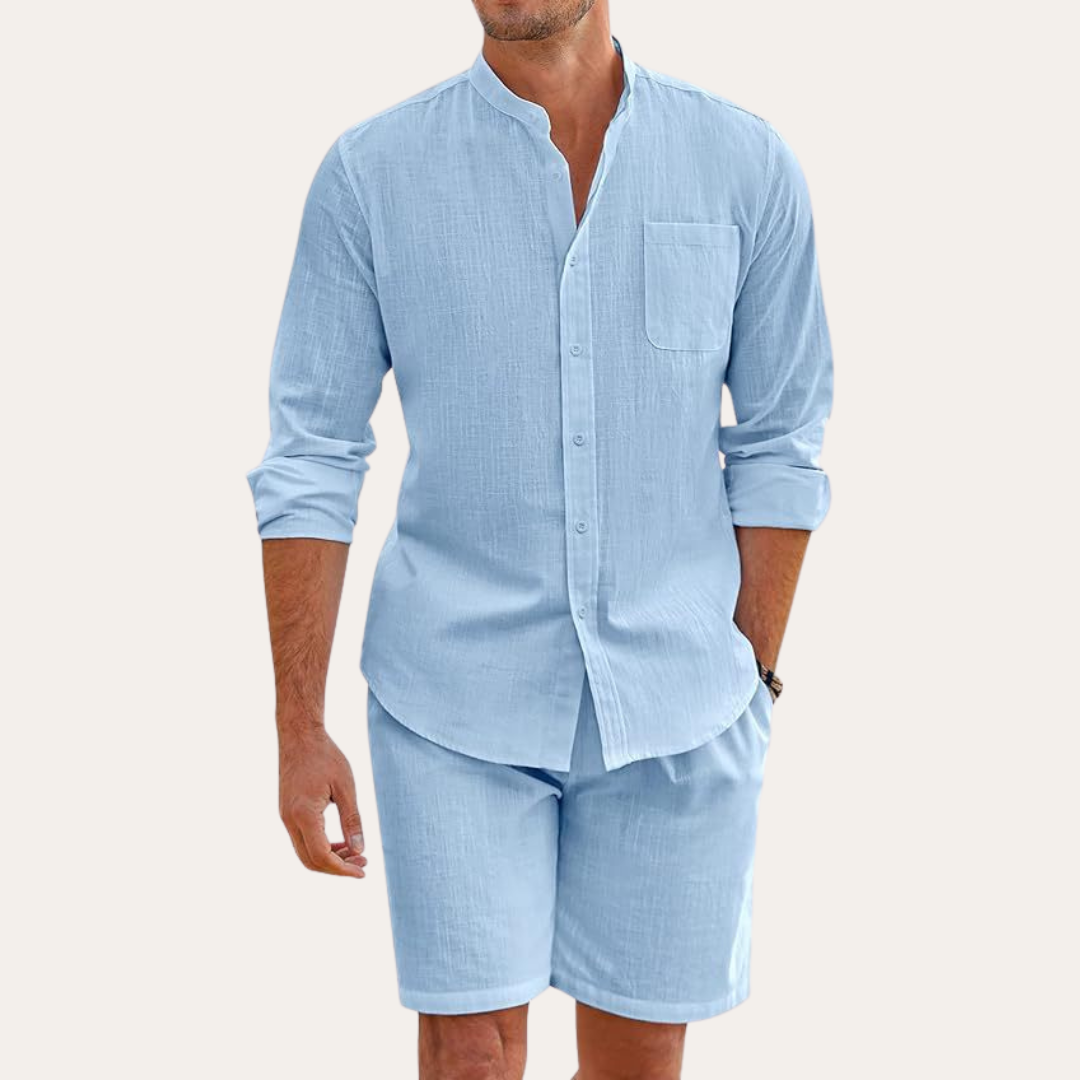 Men's Linen Long Sleeve Shirt and Shorts Beach Set, Summer