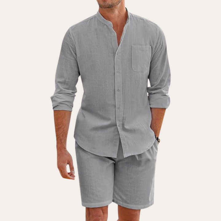 Men's Linen Long Sleeve Shirt and Shorts Beach Set, Summer