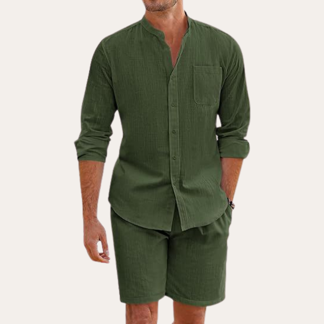 Men's Linen Long Sleeve Shirt and Shorts Beach Set, Summer