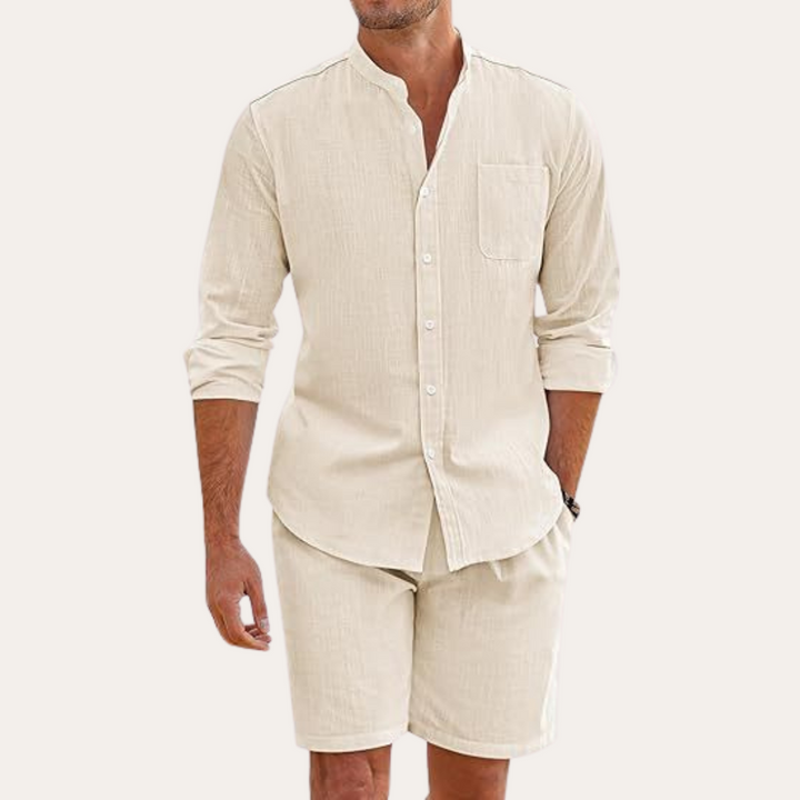 Men's Linen Long Sleeve Shirt and Shorts Beach Set, Summer