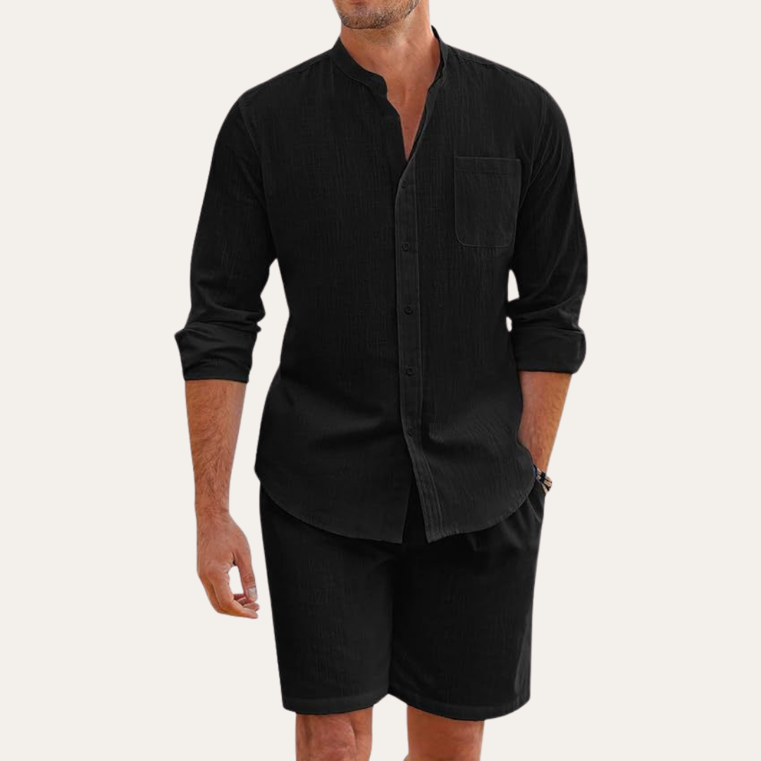 Men's Linen Long Sleeve Shirt and Shorts Beach Set, Summer