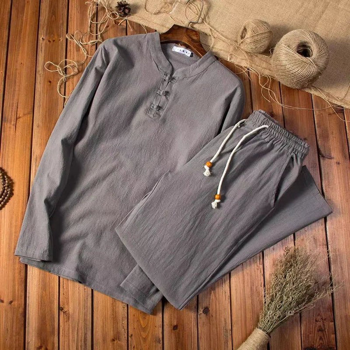 Men's Linen Long Sleeve Shirt and Trousers Outfit Set, Summer