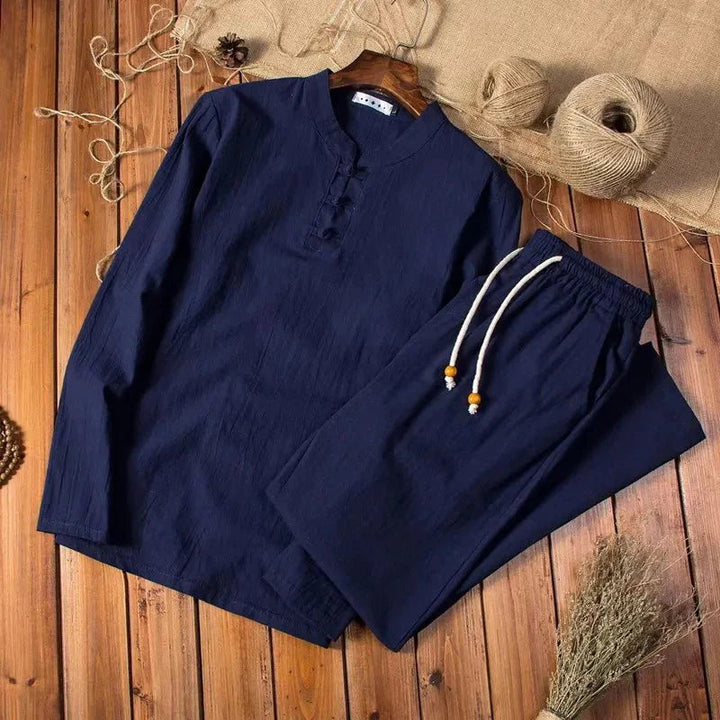 Men's Linen Long Sleeve Shirt and Trousers Outfit Set, Summer