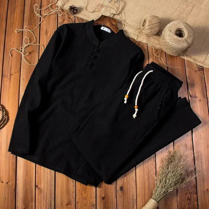 Men's Linen Long Sleeve Shirt and Trousers Outfit Set, Summer