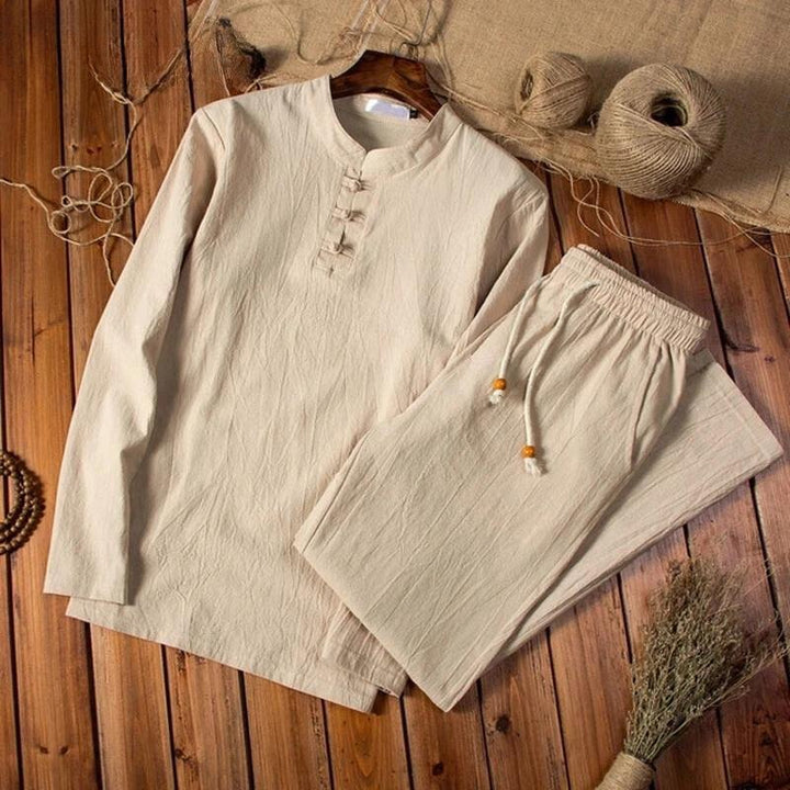 Men's Linen Long Sleeve Shirt and Trousers Outfit Set, Summer