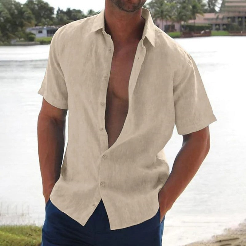 Men's Linen Short Sleeve Camp Collar Button-Up Summer Shirt