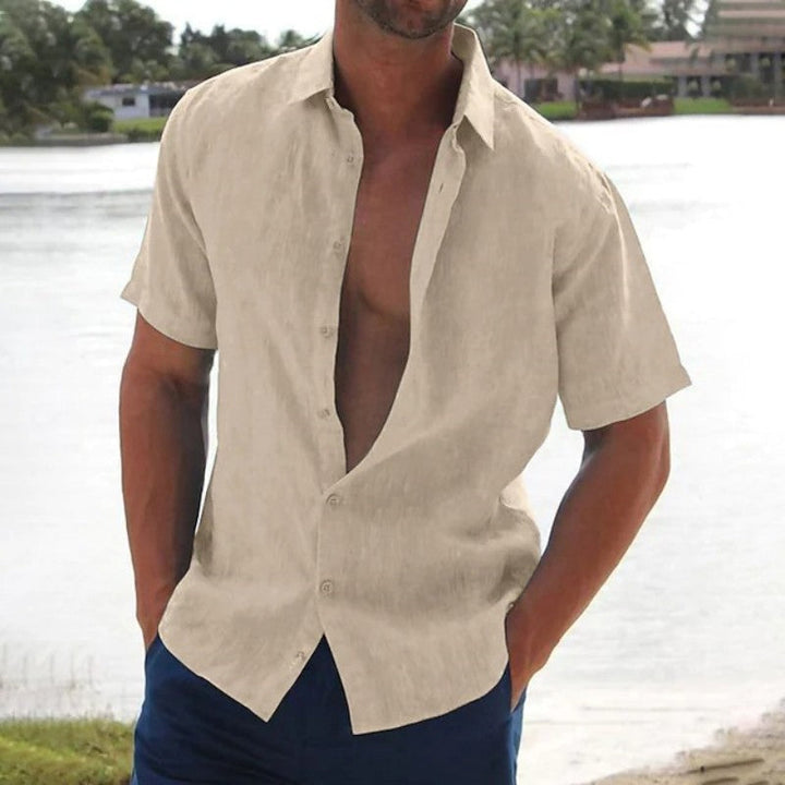 Men's Linen Short Sleeve Camp Collar Button-Up Summer Shirt