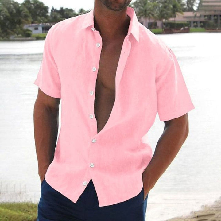 Men's Linen Short Sleeve Camp Collar Button-Up Summer Shirt