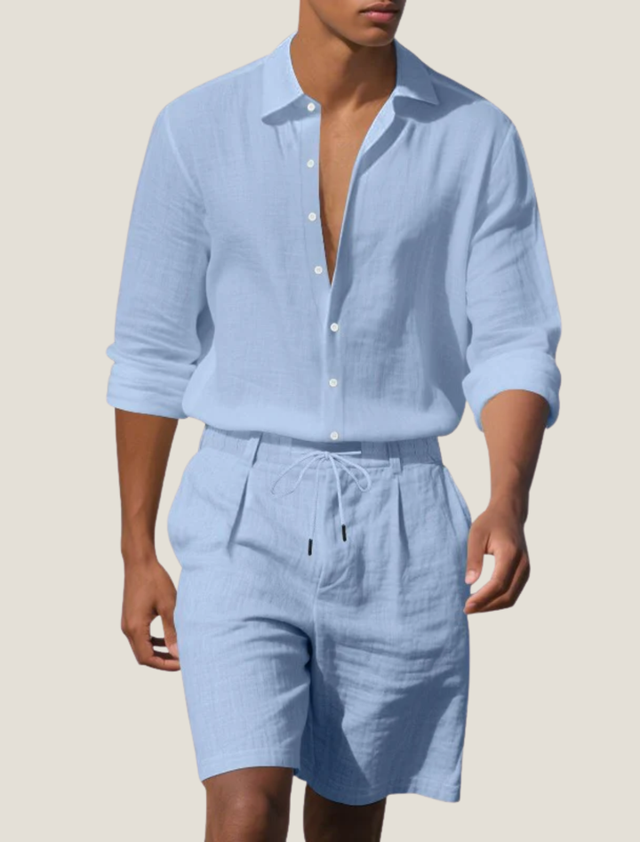 Men's Linen Short Sleeve Shirt and Shorts Beach Set, Summer