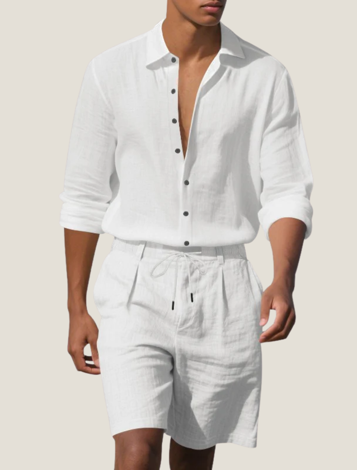 Men's Linen Short Sleeve Shirt and Shorts Beach Set, Summer