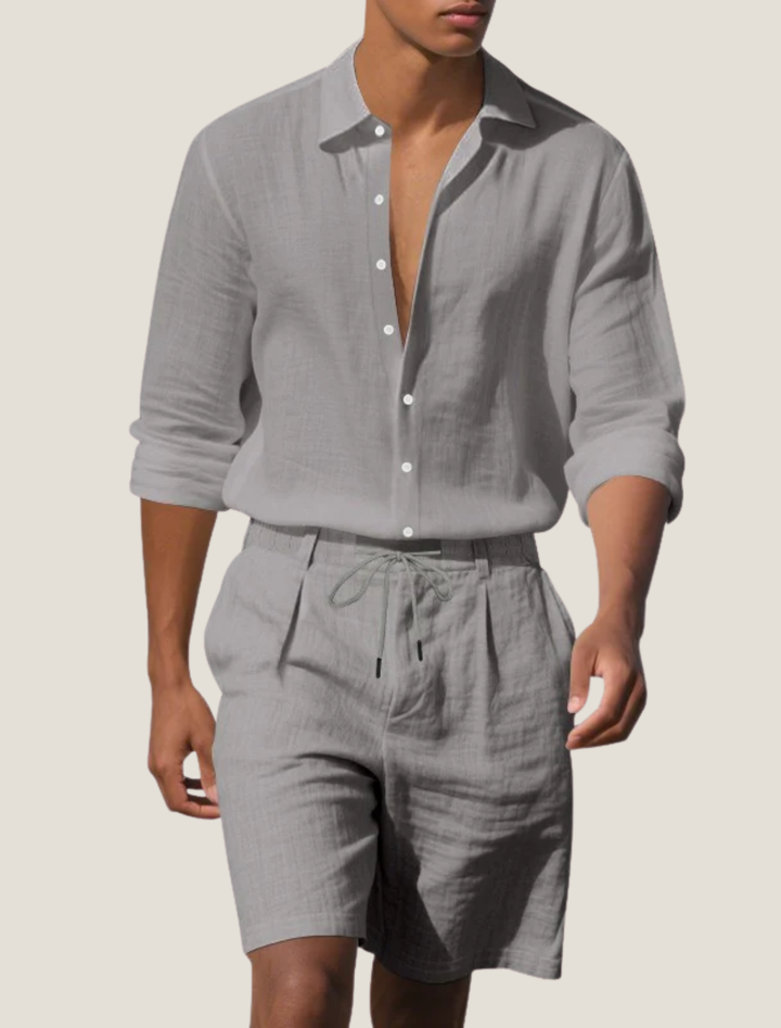 Men's Linen Short Sleeve Shirt and Shorts Beach Set, Summer