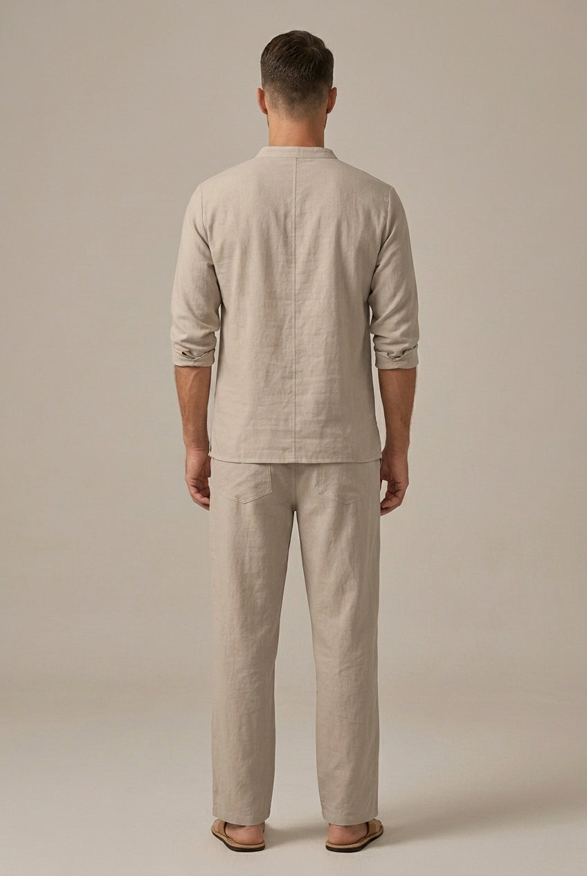 Men's Linen Style Lace Up V Neck Set, Summer Holiday Two-Piece Co-ord