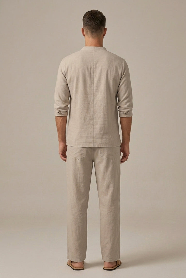 Men's Linen Style Lace Up V Neck Set, Summer Holiday Two-Piece Co-ord