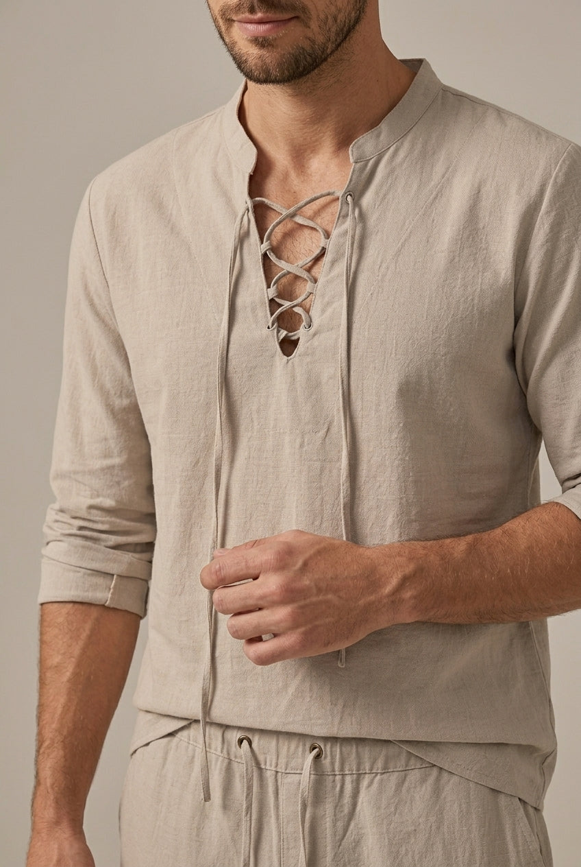 Men's Linen Style Lace Up V Neck Set, Summer Holiday Two-Piece Co-ord