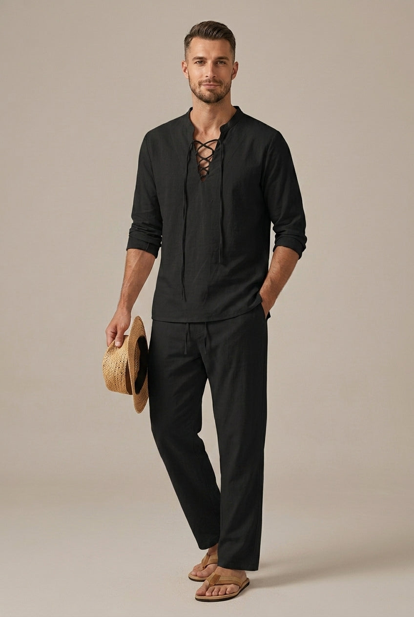 Men's Linen Style Lace Up V Neck Set, Summer Holiday Two-Piece Co-ord