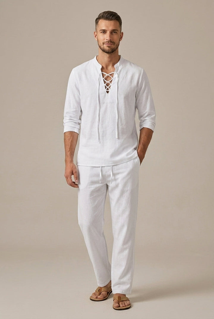 Men's Linen Style Lace Up V Neck Set, Summer Holiday Two-Piece Co-ord