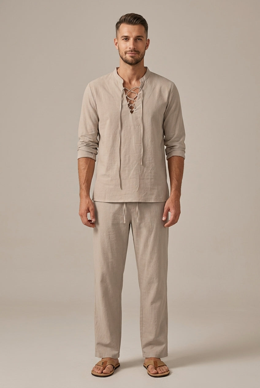 Men's Linen Style Lace Up V Neck Set, Summer Holiday Two-Piece Co-ord