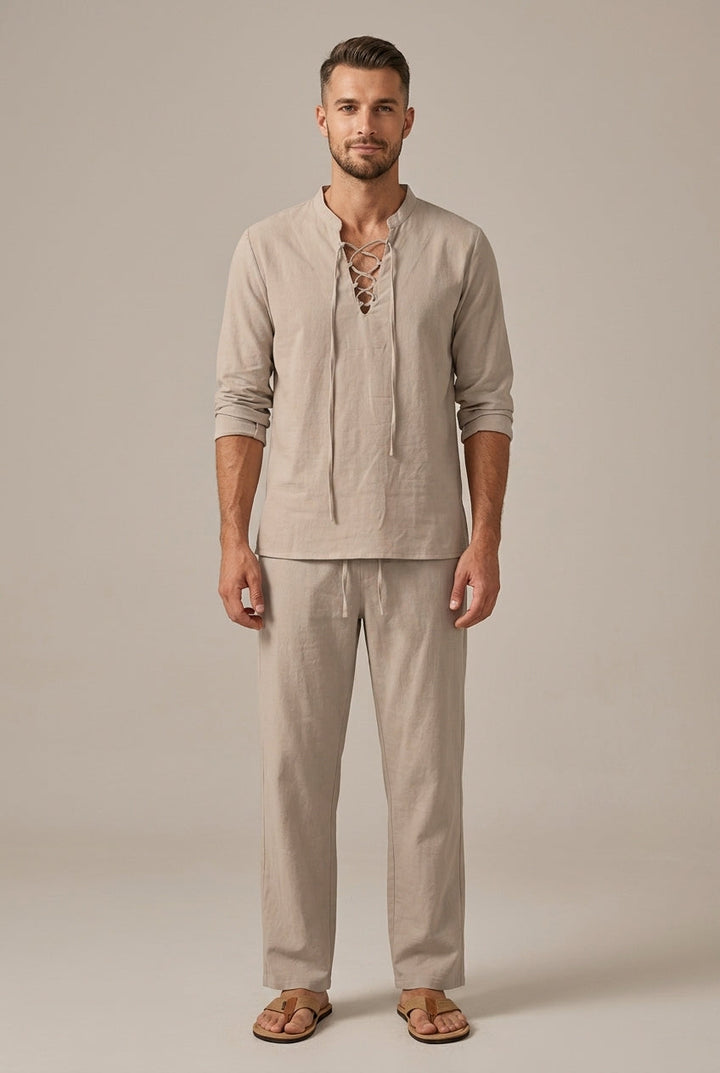 Men's Linen Style Lace Up V Neck Set, Summer Holiday Two-Piece Co-ord