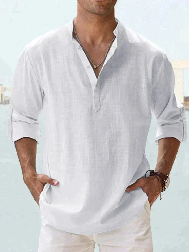 Men's Linen V-Neck Long Sleeve Button-Up Summer Shirt