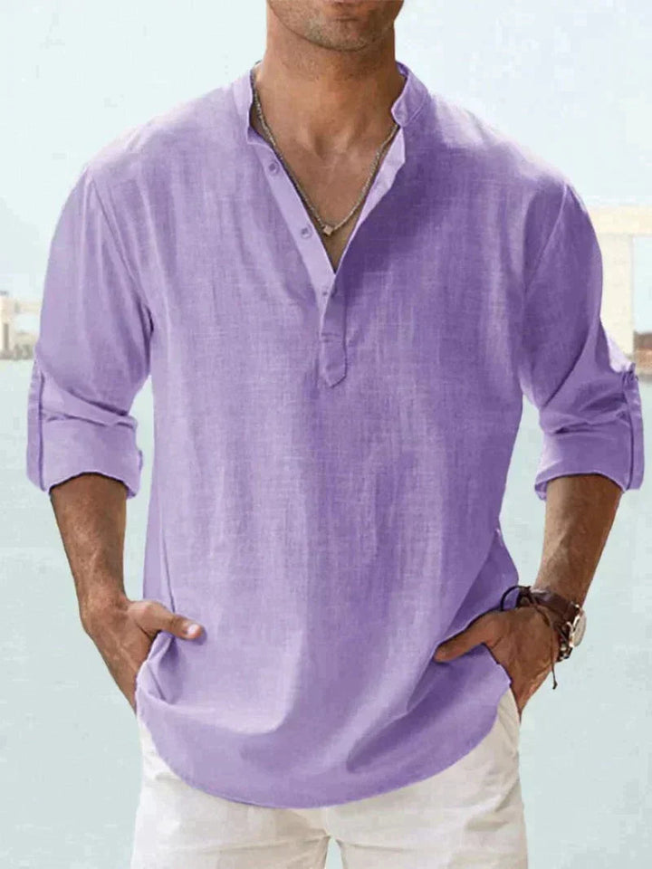 Men's Linen V-Neck Long Sleeve Button-Up Summer Shirt