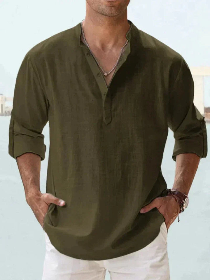 Men's Linen V-Neck Long Sleeve Button-Up Summer Shirt