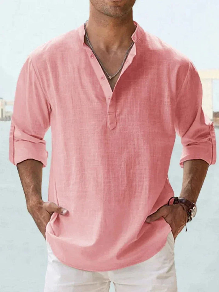 Men's Linen V-Neck Long Sleeve Button-Up Summer Shirt