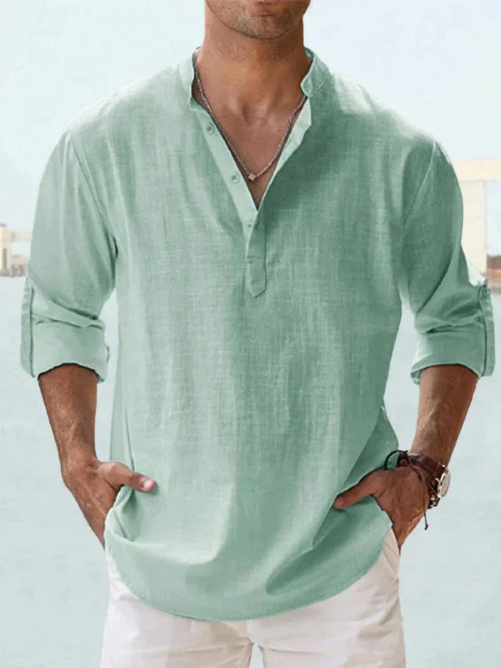 Men's Linen V-Neck Long Sleeve Button-Up Summer Shirt