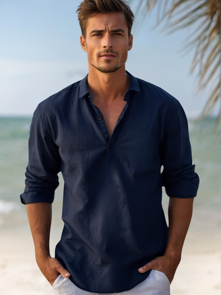 Men's Linen V-Neck Long Sleeve Button-Up Summer Shirt