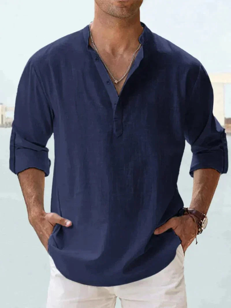 Men's Linen V-Neck Long Sleeve Button-Up Summer Shirt