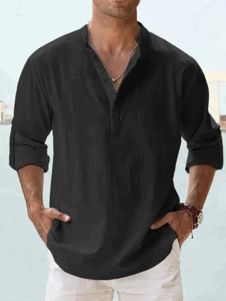 Men's Linen V-Neck Long Sleeve Button-Up Summer Shirt