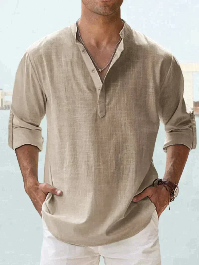 Men's Linen V-Neck Long Sleeve Button-Up Summer Shirt