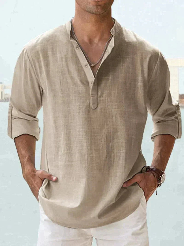 Men's Linen V-Neck Long Sleeve Button-Up Summer Shirt