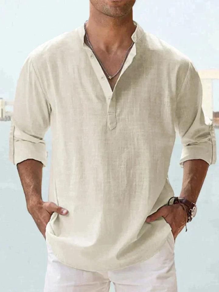 Men's Linen V-Neck Long Sleeve Button-Up Summer Shirt