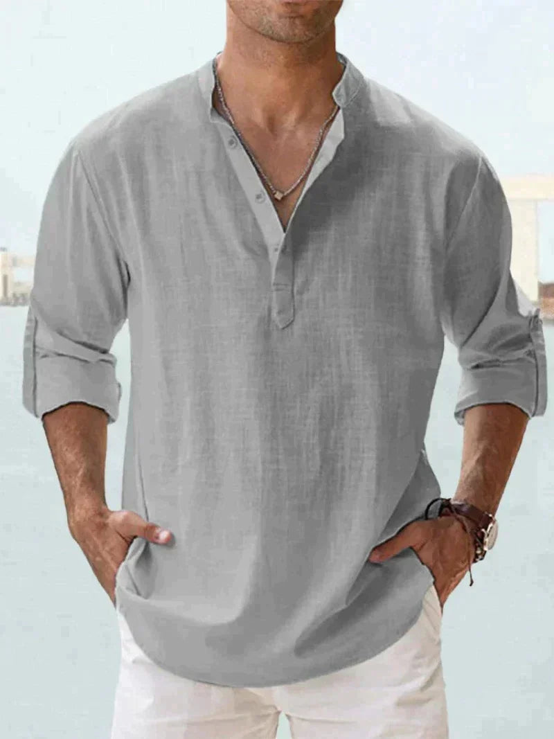 Men's Linen V-Neck Long Sleeve Button-Up Summer Shirt