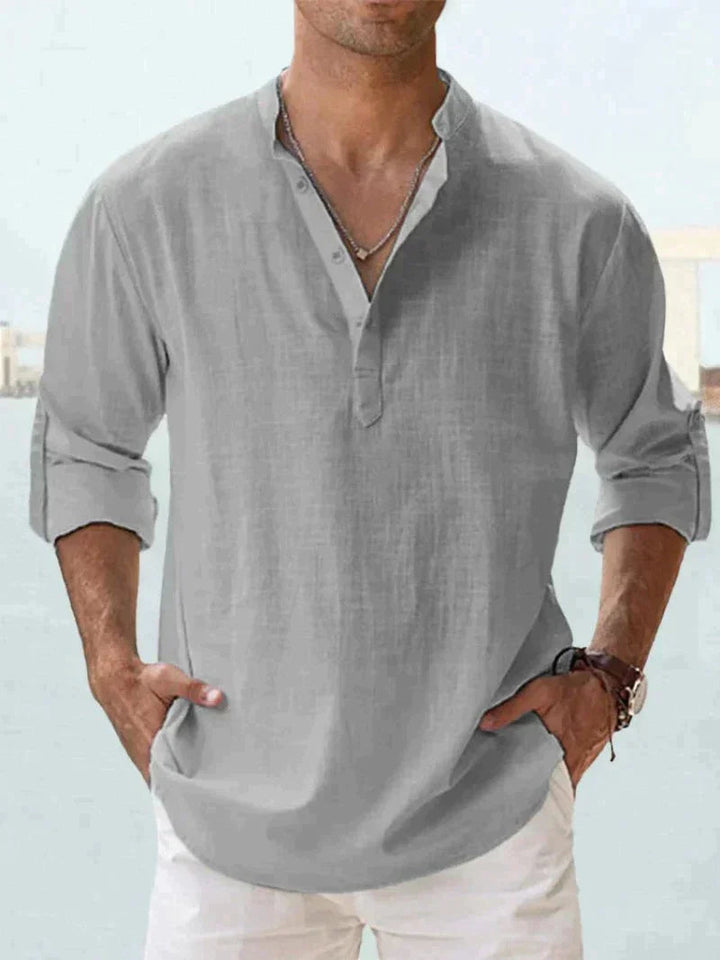 Men's Linen V-Neck Long Sleeve Button-Up Summer Shirt
