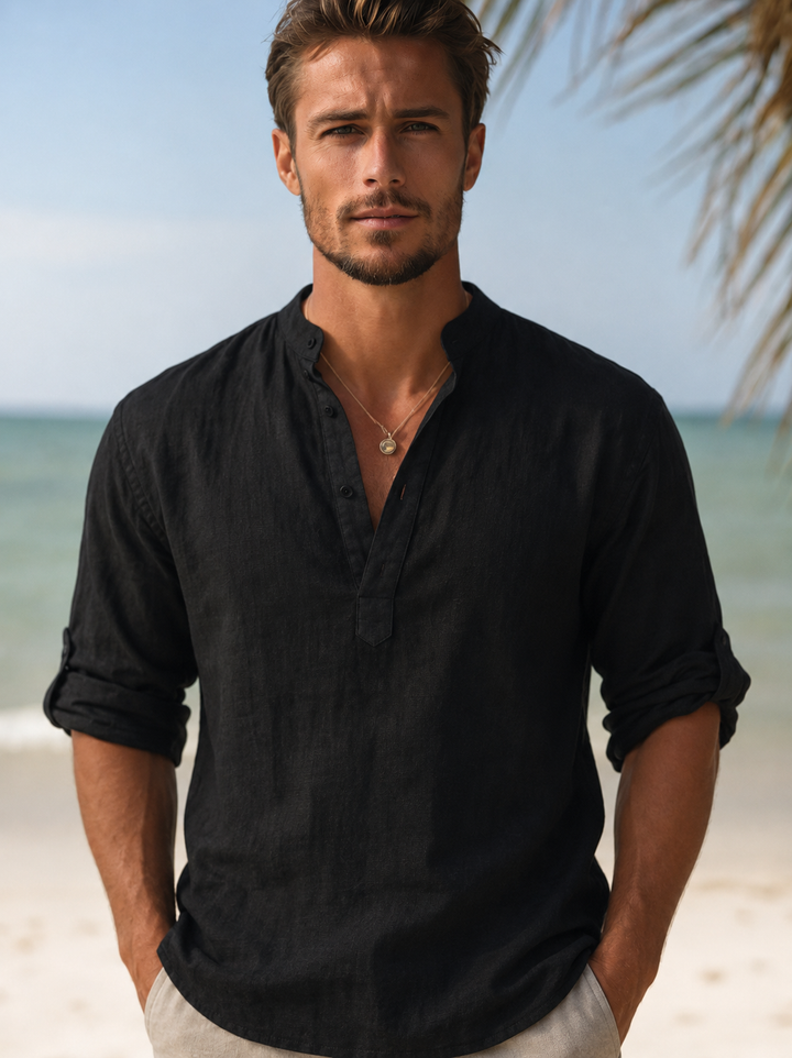 Men's Linen V-Neck Long Sleeve Button-Up Summer Shirt