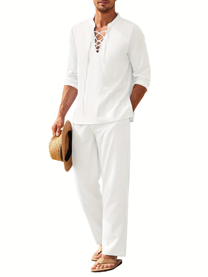 Men's Long Sleeve V-Neck Two-Piece Set, Top & Trousers