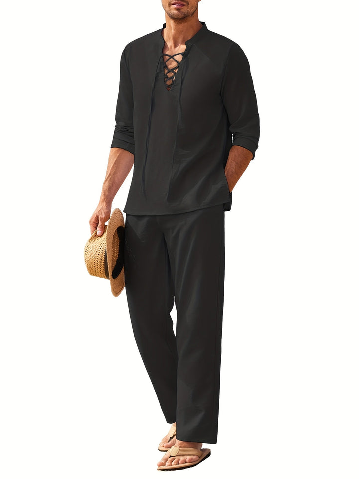 Men's Long Sleeve V-Neck Two-Piece Set, Top & Trousers