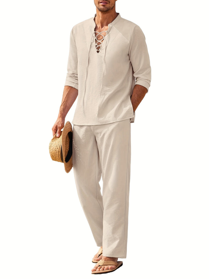 Men's Long Sleeve V-Neck Two-Piece Set, Top & Trousers