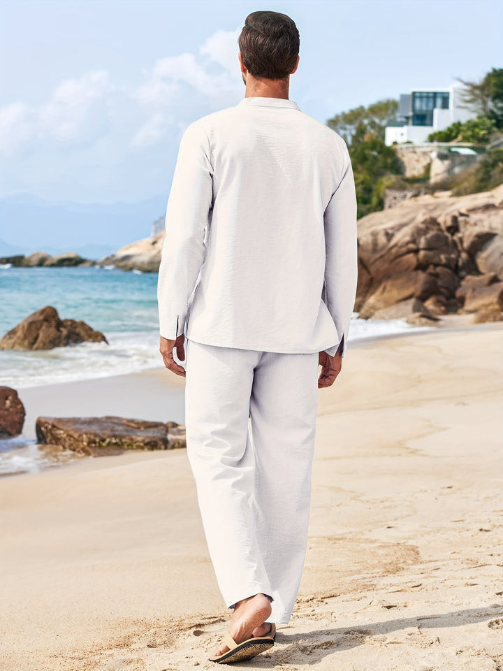 Men's Long Sleeve V-Neck Two-Piece Set, Top & Trousers