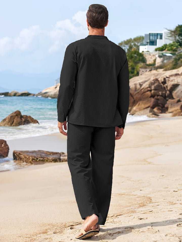 Men's Long Sleeve V-Neck Two-Piece Set, Top & Trousers